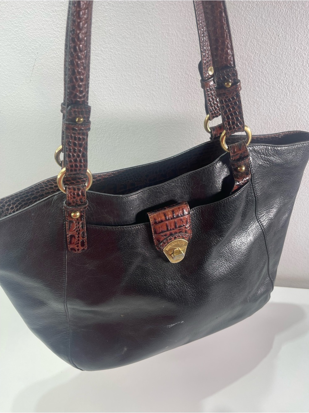 Brahmin Shoulder Bag Tuscan Black Croc Embossed Leather Double Strap Classic